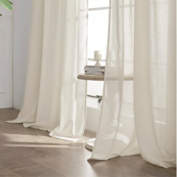 Linen Curtain Panels 50 x 108 Beige Off White Flax Weave Sheer Drapes Curtains - Picture 1 of 15